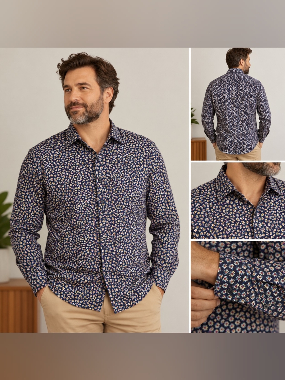 Charles Tyrwhitt Men’s Floral Shirt Classic Fit Navy Long Sleeve XL